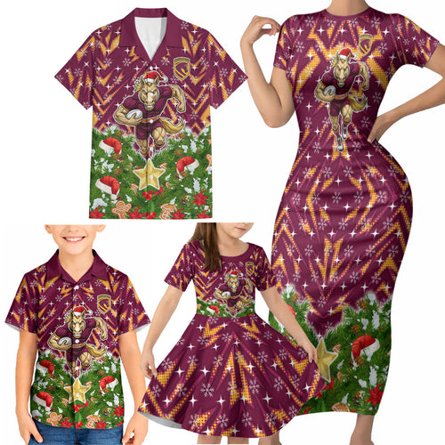Personalised Broncos Rugby Christmas Family Matching Short Sleeve Bodycon Dress and Hawaiian Shirt Santa Rugby Mascot - Pine Wreath Festive