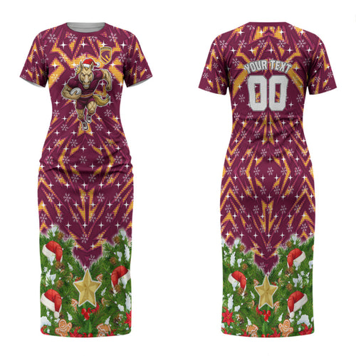 Personalised Broncos Rugby Christmas Family Matching Short Sleeve Bodycon Dress and Hawaiian Shirt Santa Rugby Mascot - Pine Wreath Festive