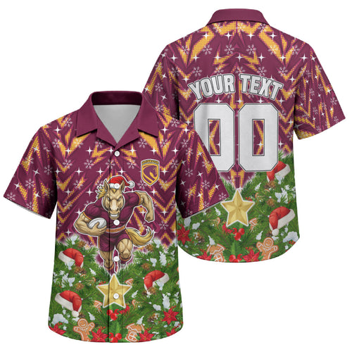 Personalised Broncos Rugby Christmas Family Matching Short Sleeve Bodycon Dress and Hawaiian Shirt Santa Rugby Mascot - Pine Wreath Festive