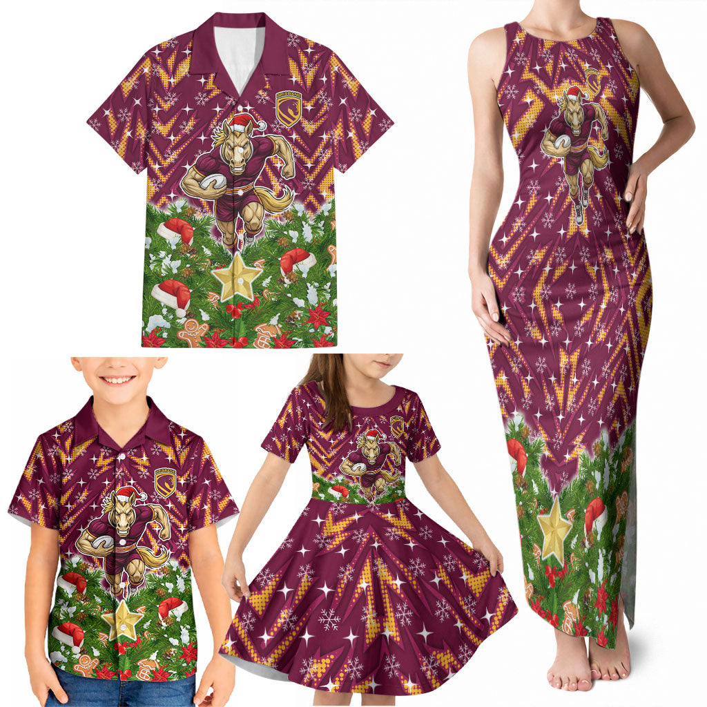 Personalised Broncos Rugby Christmas Family Matching Tank Maxi Dress and Hawaiian Shirt Santa Rugby Mascot - Pine Wreath Festive