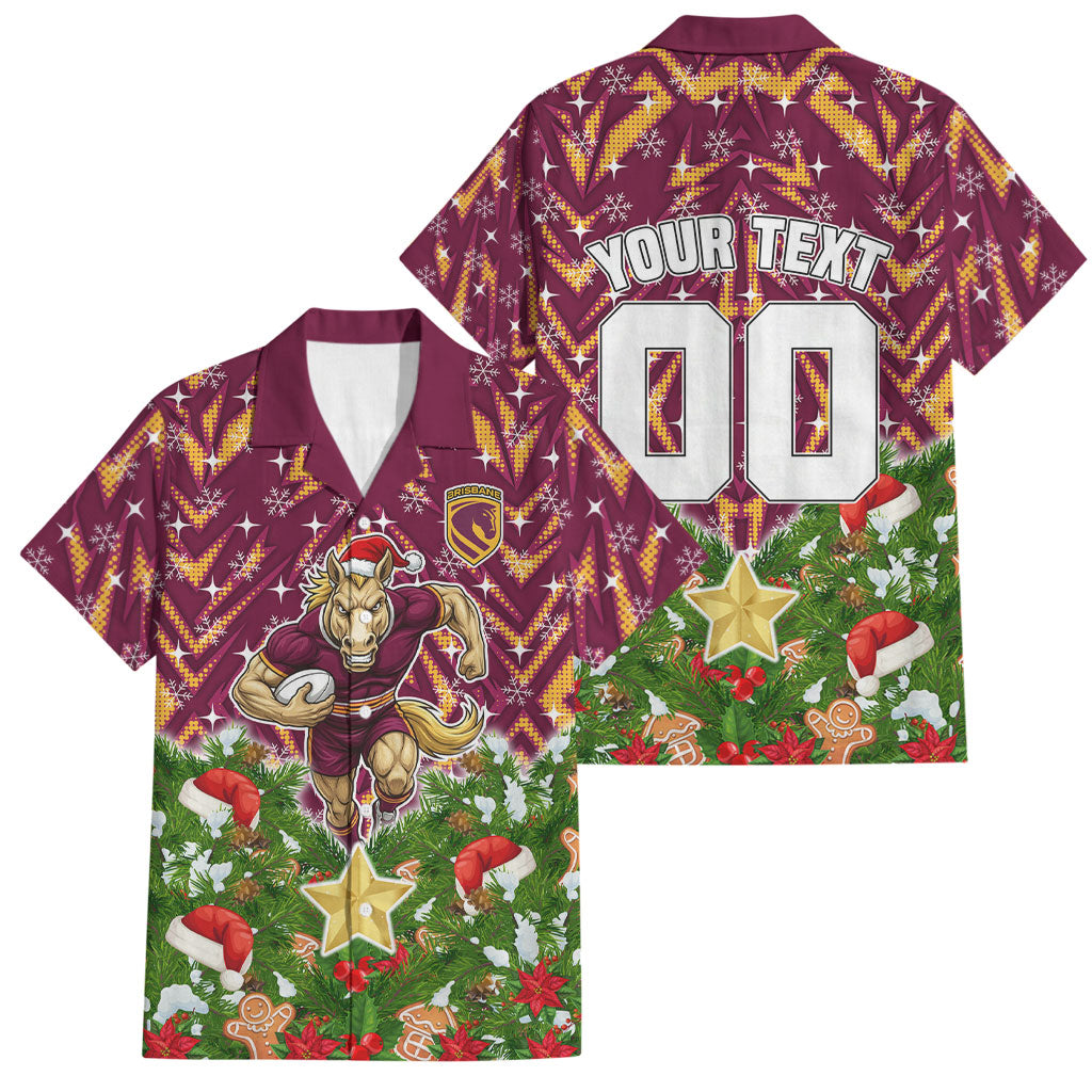 Personalised Broncos Rugby Christmas Family Matching Tank Maxi Dress and Hawaiian Shirt Santa Rugby Mascot - Pine Wreath Festive
