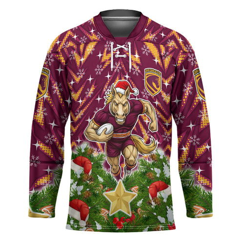 Personalised Broncos Rugby Christmas Hockey Jersey Santa Rugby Mascot - Pine Wreath Festive