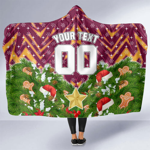 Personalised Broncos Rugby Christmas Hooded Blanket Santa Rugby Mascot - Pine Wreath Festive