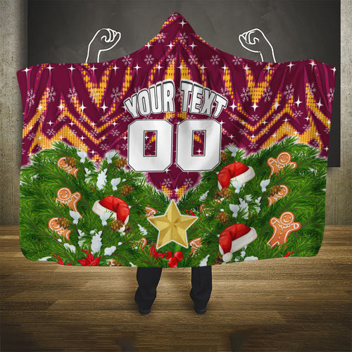 Personalised Broncos Rugby Christmas Hooded Blanket Santa Rugby Mascot - Pine Wreath Festive