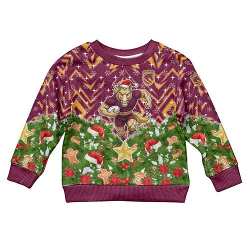 Personalised Broncos Rugby Christmas Kid Ugly Christmas Sweater Santa Rugby Mascot - Pine Wreath Festive