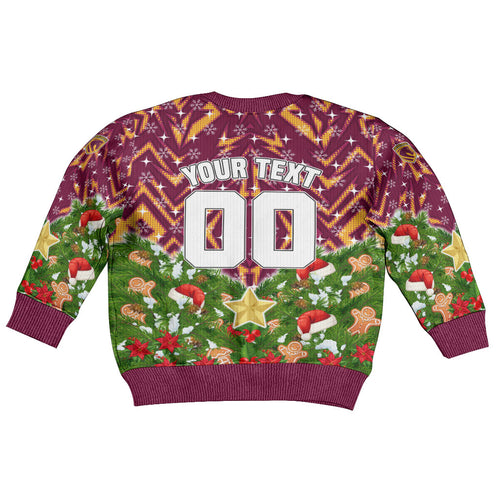 Personalised Broncos Rugby Christmas Kid Ugly Christmas Sweater Santa Rugby Mascot - Pine Wreath Festive