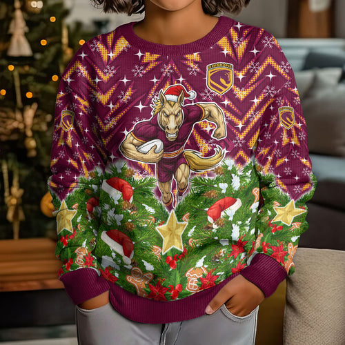 Personalised Broncos Rugby Christmas Kid Ugly Christmas Sweater Santa Rugby Mascot - Pine Wreath Festive