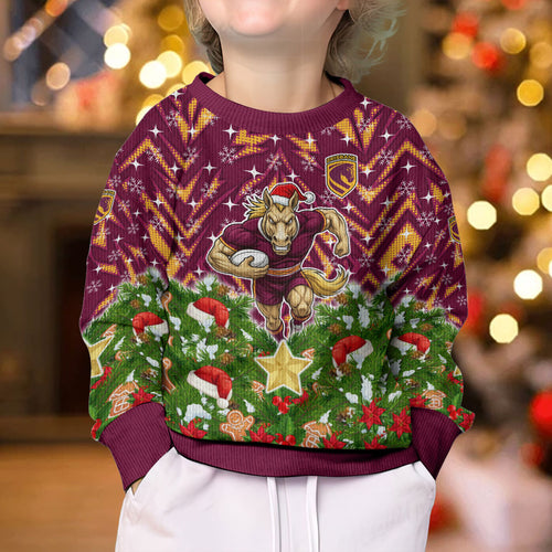 Personalised Broncos Rugby Christmas Kid Ugly Christmas Sweater Santa Rugby Mascot - Pine Wreath Festive