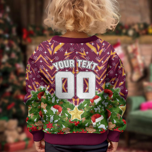 Personalised Broncos Rugby Christmas Kid Ugly Christmas Sweater Santa Rugby Mascot - Pine Wreath Festive