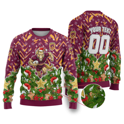 Personalised Broncos Rugby Christmas Ugly Christmas Sweater Santa Rugby Mascot - Pine Wreath Festive