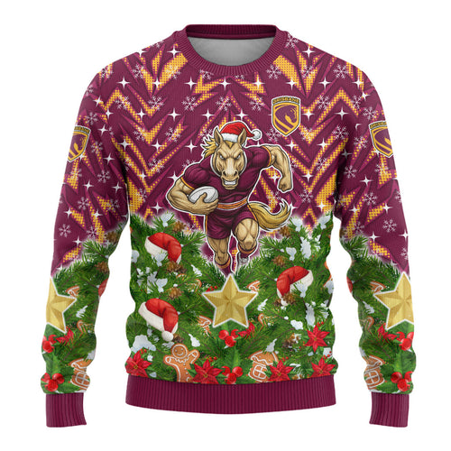 Personalised Broncos Rugby Christmas Ugly Christmas Sweater Santa Rugby Mascot - Pine Wreath Festive