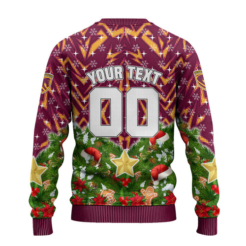 Personalised Broncos Rugby Christmas Ugly Christmas Sweater Santa Rugby Mascot - Pine Wreath Festive