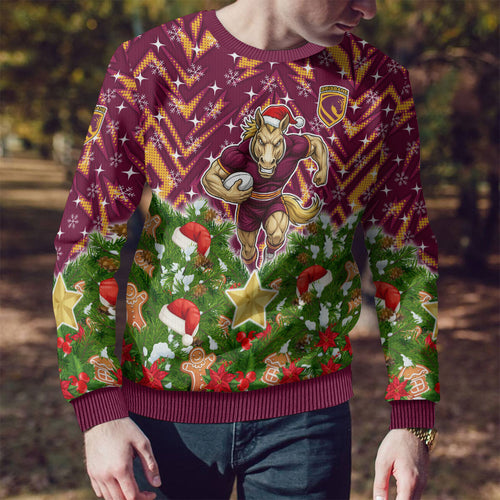 Personalised Broncos Rugby Christmas Ugly Christmas Sweater Santa Rugby Mascot - Pine Wreath Festive