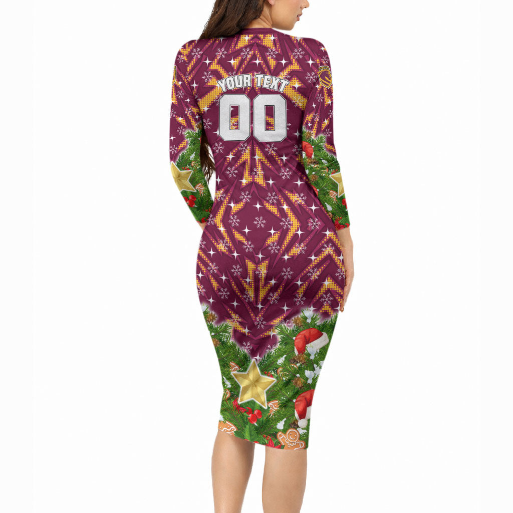 Personalised Broncos Rugby Christmas Long Sleeve Bodycon Dress Santa Rugby Mascot - Pine Wreath Festive