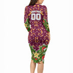 Personalised Broncos Rugby Christmas Long Sleeve Bodycon Dress Santa Rugby Mascot - Pine Wreath Festive