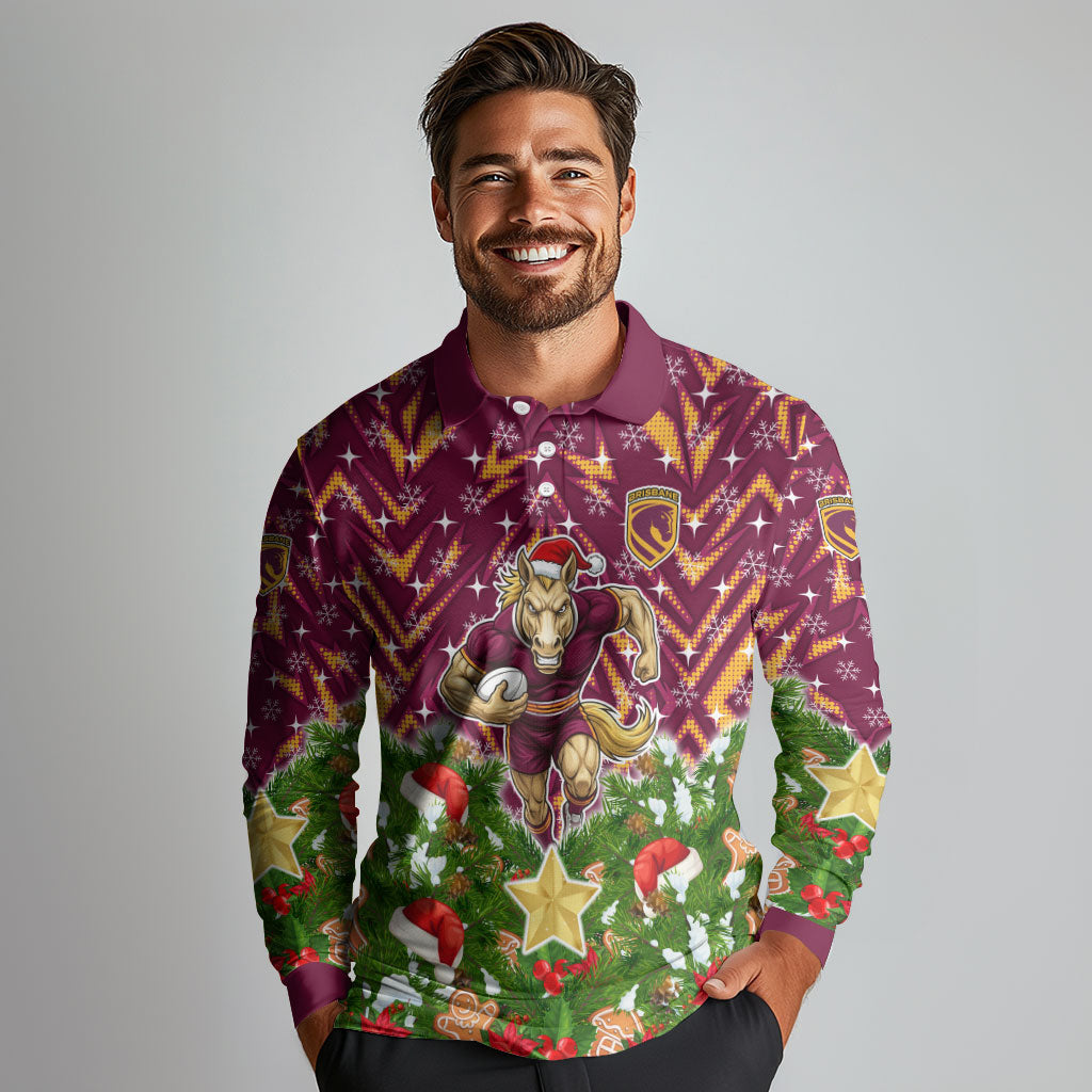 Personalised Broncos Rugby Christmas Long Sleeve Polo Shirt Santa Rugby Mascot - Pine Wreath Festive