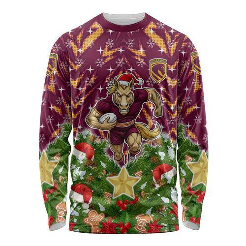 Personalised Broncos Rugby Christmas Long Sleeve Shirt Santa Rugby Mascot - Pine Wreath Festive