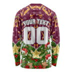 Personalised Broncos Rugby Christmas Long Sleeve Shirt Santa Rugby Mascot - Pine Wreath Festive