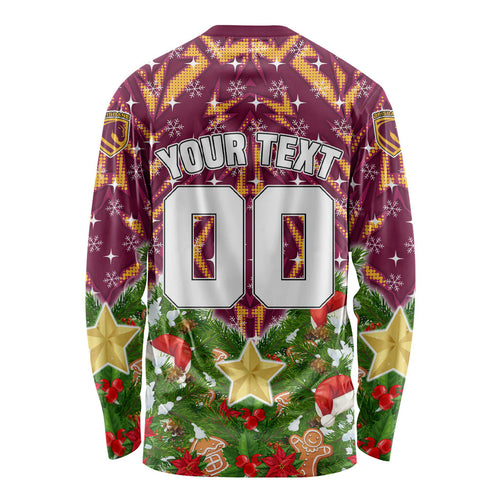 Personalised Broncos Rugby Christmas Long Sleeve Shirt Santa Rugby Mascot - Pine Wreath Festive