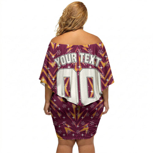 Personalised Broncos Rugby Christmas Off Shoulder Short Dress Santa Rugby Mascot - Pine Wreath Festive