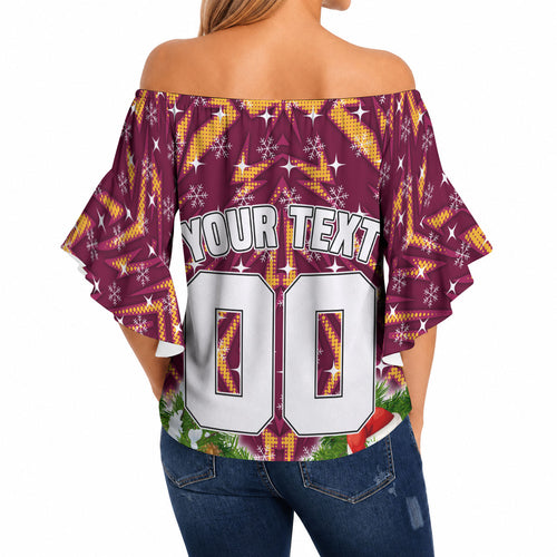 Personalised Broncos Rugby Christmas Off Shoulder Wrap Waist Top Santa Rugby Mascot - Pine Wreath Festive