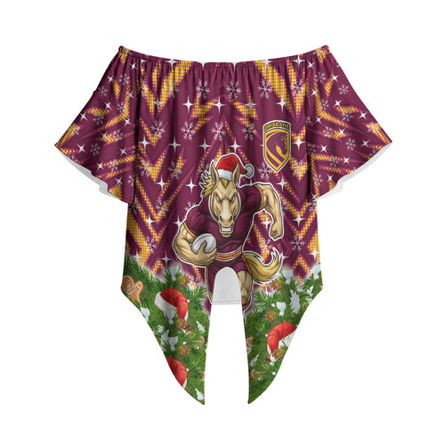 Personalised Broncos Rugby Christmas Off Shoulder Wrap Waist Top Santa Rugby Mascot - Pine Wreath Festive