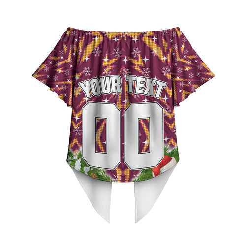 Personalised Broncos Rugby Christmas Off Shoulder Wrap Waist Top Santa Rugby Mascot - Pine Wreath Festive