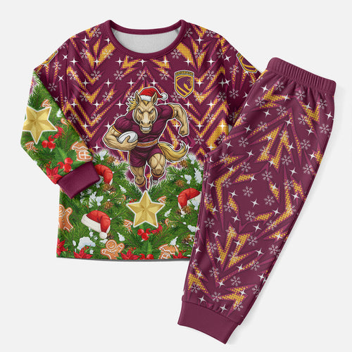 Personalised Broncos Rugby Christmas Pajama Set Santa Rugby Mascot - Pine Wreath Festive