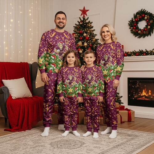 Personalised Broncos Rugby Christmas Pajama Set Santa Rugby Mascot - Pine Wreath Festive