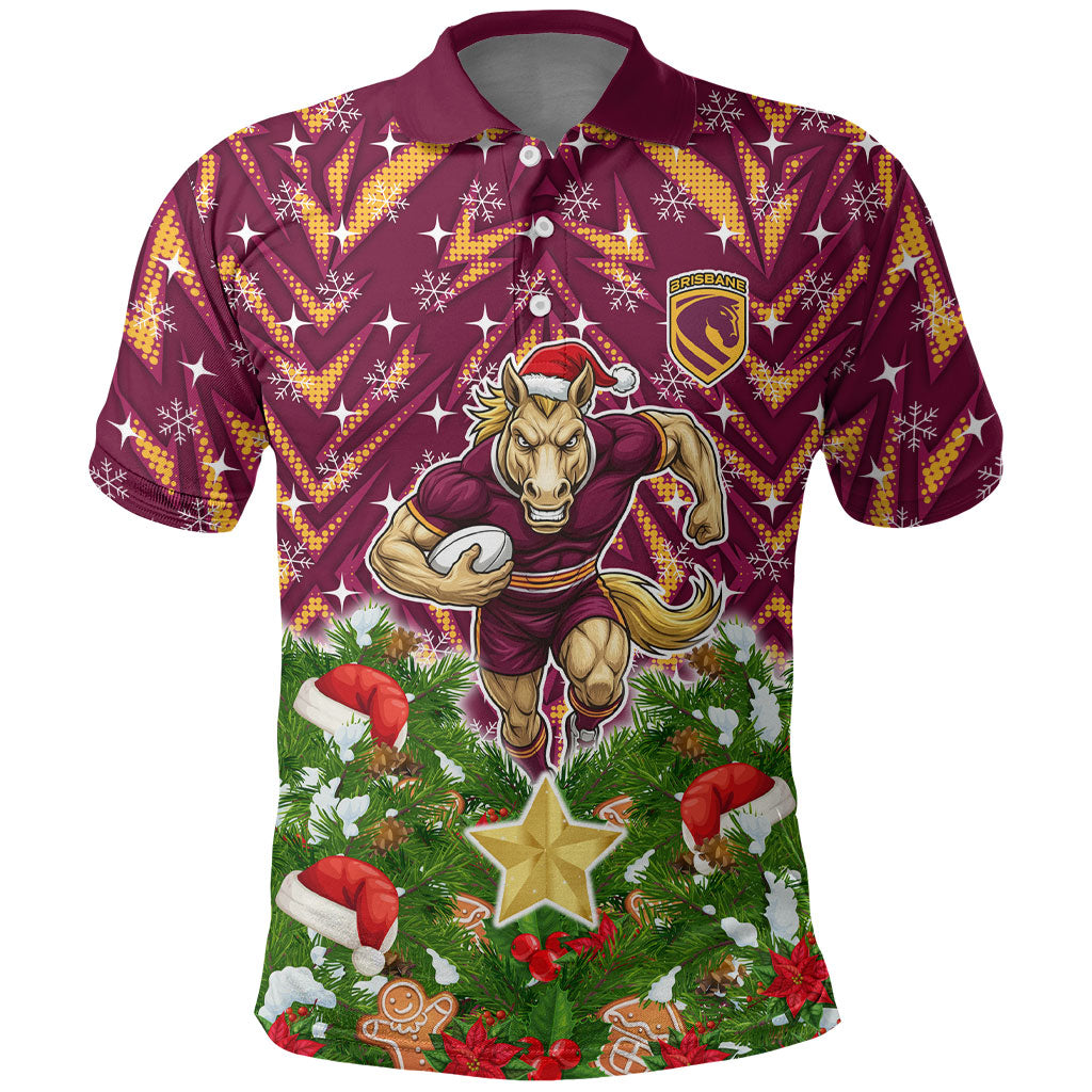 Personalised Broncos Rugby Christmas Polo Shirt Santa Rugby Mascot - Pine Wreath Festive