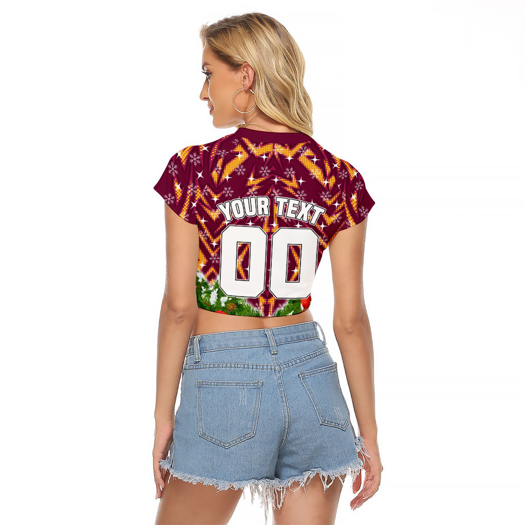Personalised Broncos Rugby Christmas Raglan Cropped T Shirt Santa Rugby Mascot - Pine Wreath Festive