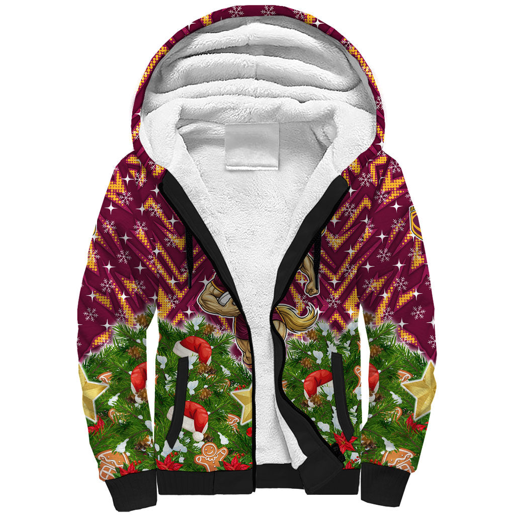Personalised Broncos Rugby Christmas Sherpa Hoodie Santa Rugby Mascot - Pine Wreath Festive