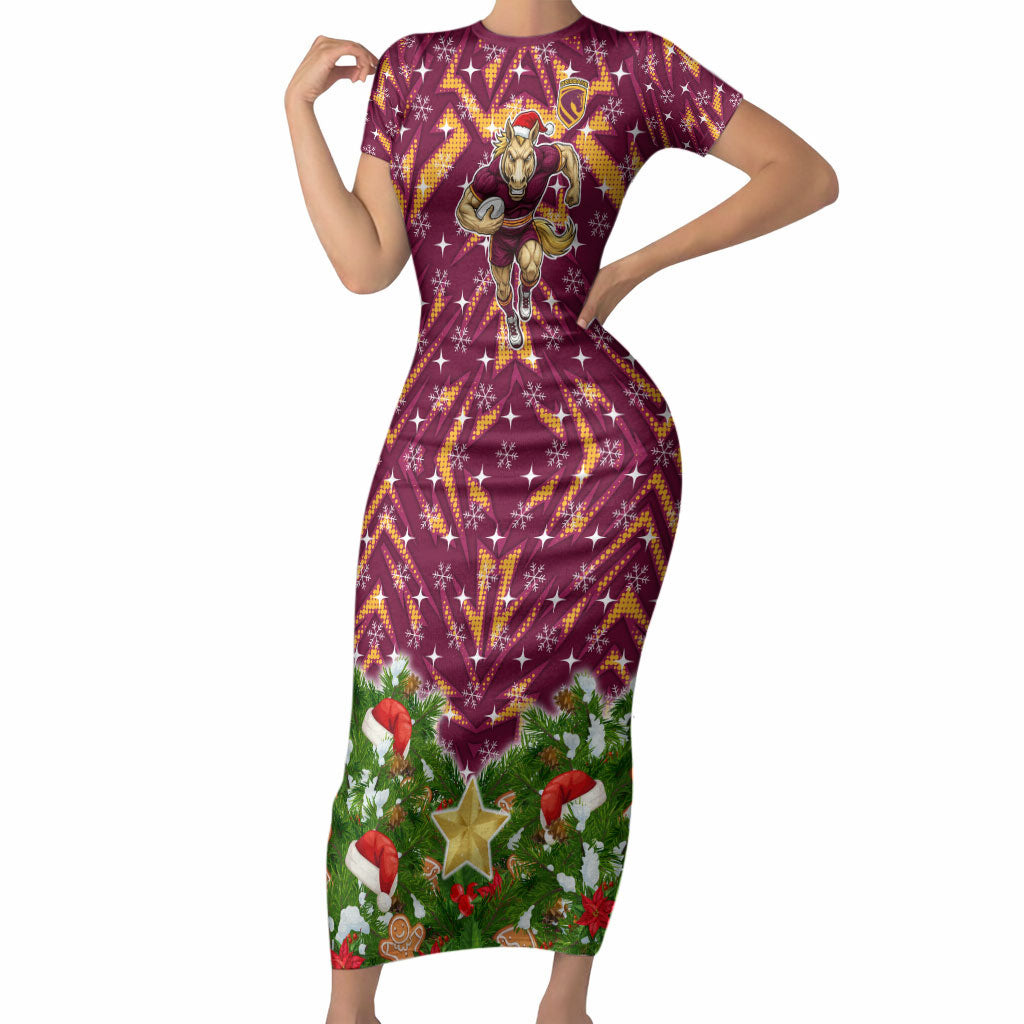 Personalised Broncos Rugby Christmas Short Sleeve Bodycon Dress Santa Rugby Mascot - Pine Wreath Festive