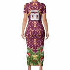 Personalised Broncos Rugby Christmas Short Sleeve Bodycon Dress Santa Rugby Mascot - Pine Wreath Festive