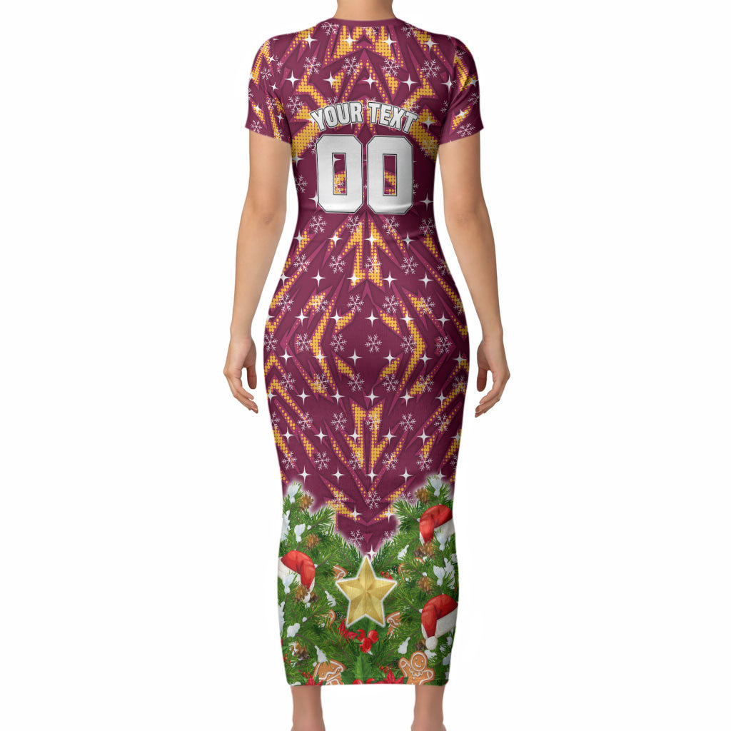 Personalised Broncos Rugby Christmas Short Sleeve Bodycon Dress Santa Rugby Mascot - Pine Wreath Festive