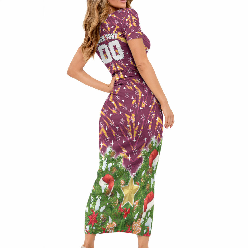 Personalised Broncos Rugby Christmas Short Sleeve Bodycon Dress Santa Rugby Mascot - Pine Wreath Festive