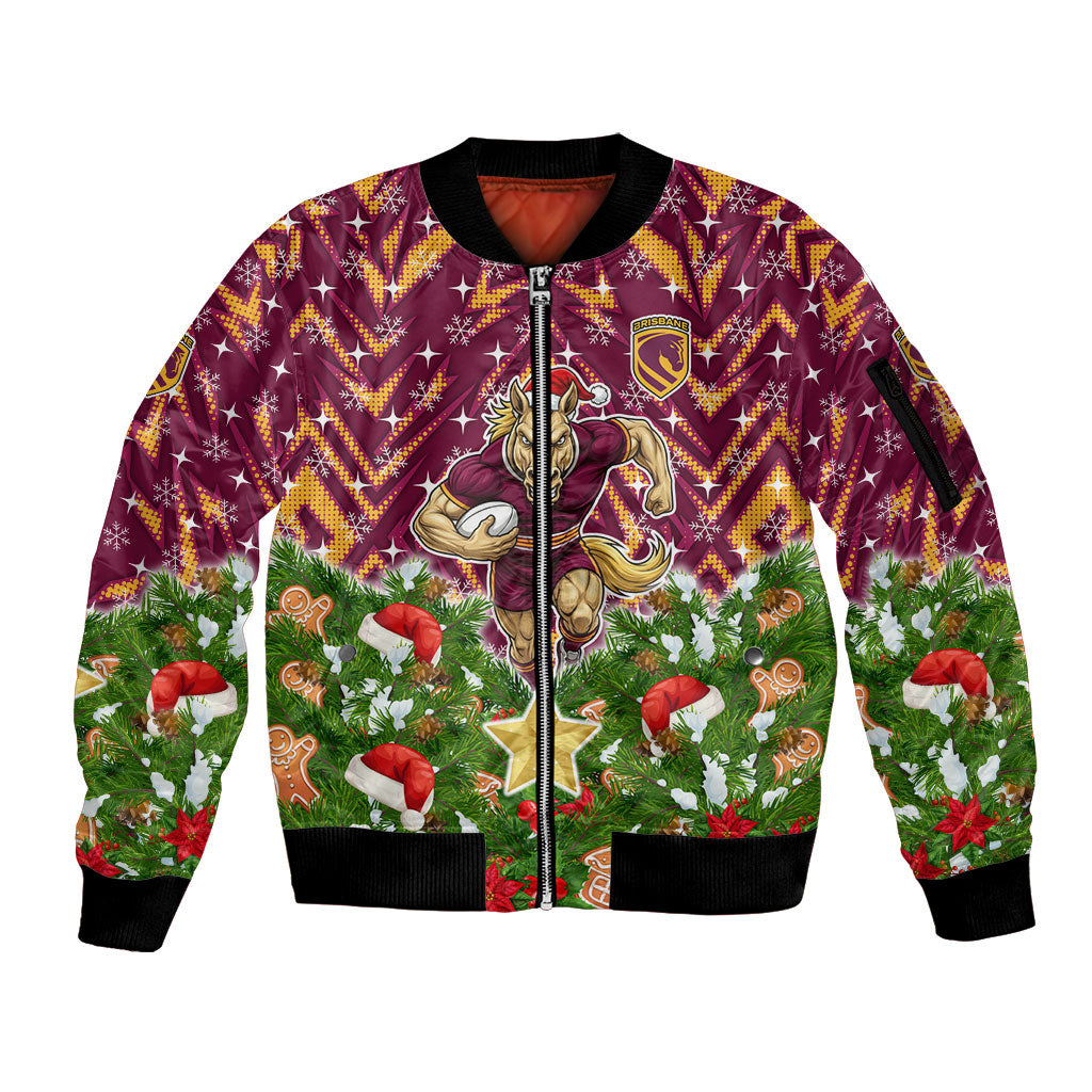 Personalised Broncos Rugby Christmas Sleeve Zip Bomber Jacket Santa Rugby Mascot - Pine Wreath Festive