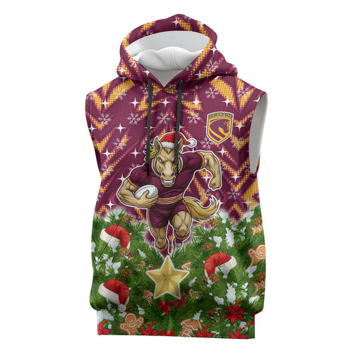 Personalised Broncos Rugby Christmas Sleeveless Hoodie Santa Rugby Mascot - Pine Wreath Festive