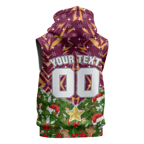 Personalised Broncos Rugby Christmas Sleeveless Hoodie Santa Rugby Mascot - Pine Wreath Festive