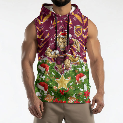 Personalised Broncos Rugby Christmas Sleeveless Hoodie Santa Rugby Mascot - Pine Wreath Festive