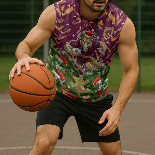 Personalised Broncos Rugby Christmas Sleeveless Hoodie Santa Rugby Mascot - Pine Wreath Festive