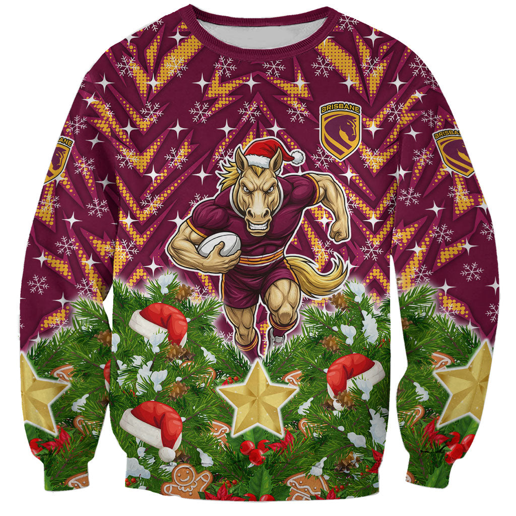 Personalised Broncos Rugby Christmas Sweatshirt Santa Rugby Mascot - Pine Wreath Festive