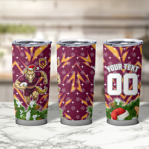 Personalised Broncos Rugby Christmas Tumbler Cup Santa Rugby Mascot - Pine Wreath Festive