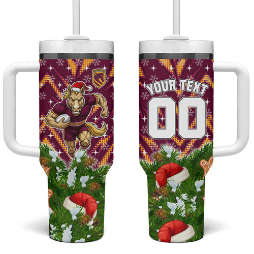 Personalised Broncos Rugby Christmas Tumbler With Handle Santa Rugby Mascot - Pine Wreath Festive