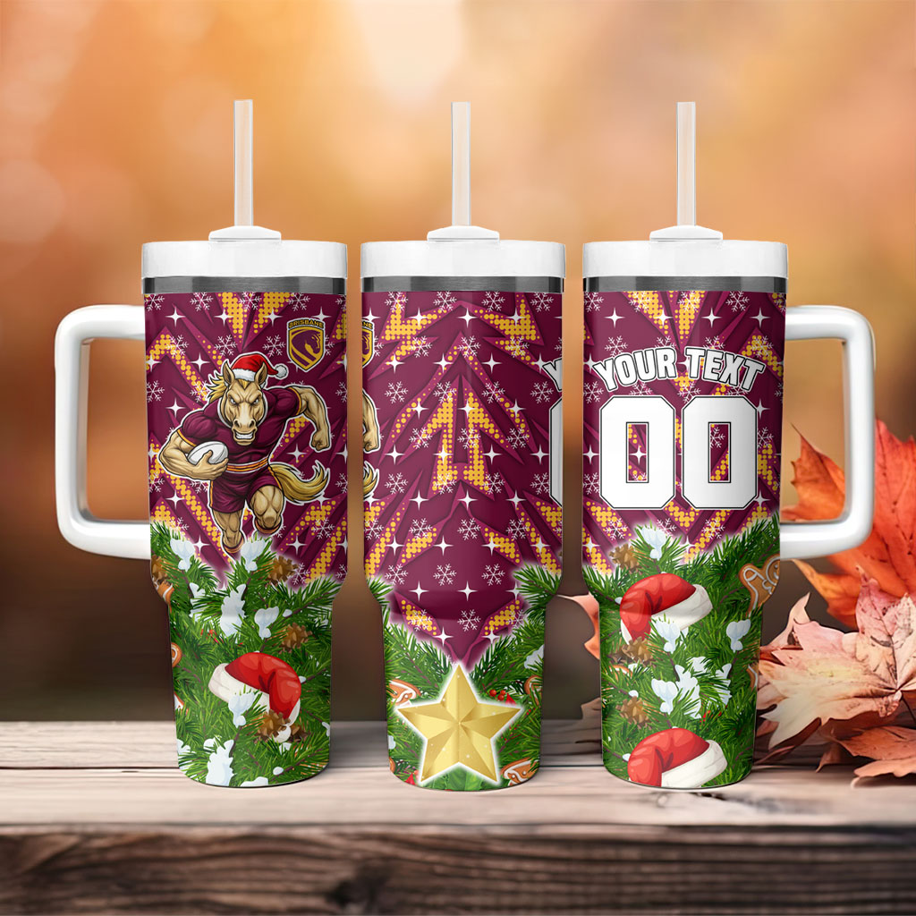 Personalised Broncos Rugby Christmas Tumbler With Handle Santa Rugby Mascot - Pine Wreath Festive