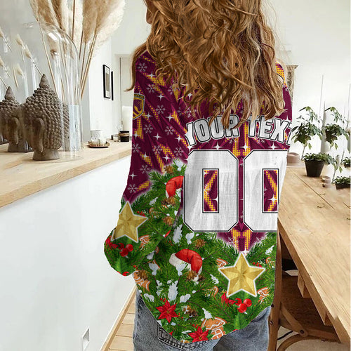 Personalised Broncos Rugby Christmas Women Casual Shirt Santa Rugby Mascot - Pine Wreath Festive