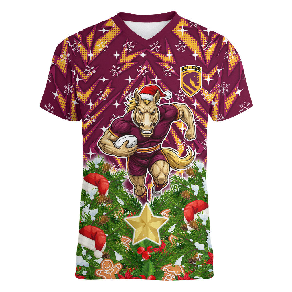 Personalised Broncos Rugby Christmas Women V-Neck T-Shirt Santa Rugby Mascot - Pine Wreath Festive