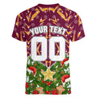 Personalised Broncos Rugby Christmas Women V-Neck T-Shirt Santa Rugby Mascot - Pine Wreath Festive