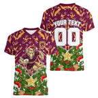 Personalised Broncos Rugby Christmas Women V-Neck T-Shirt Santa Rugby Mascot - Pine Wreath Festive