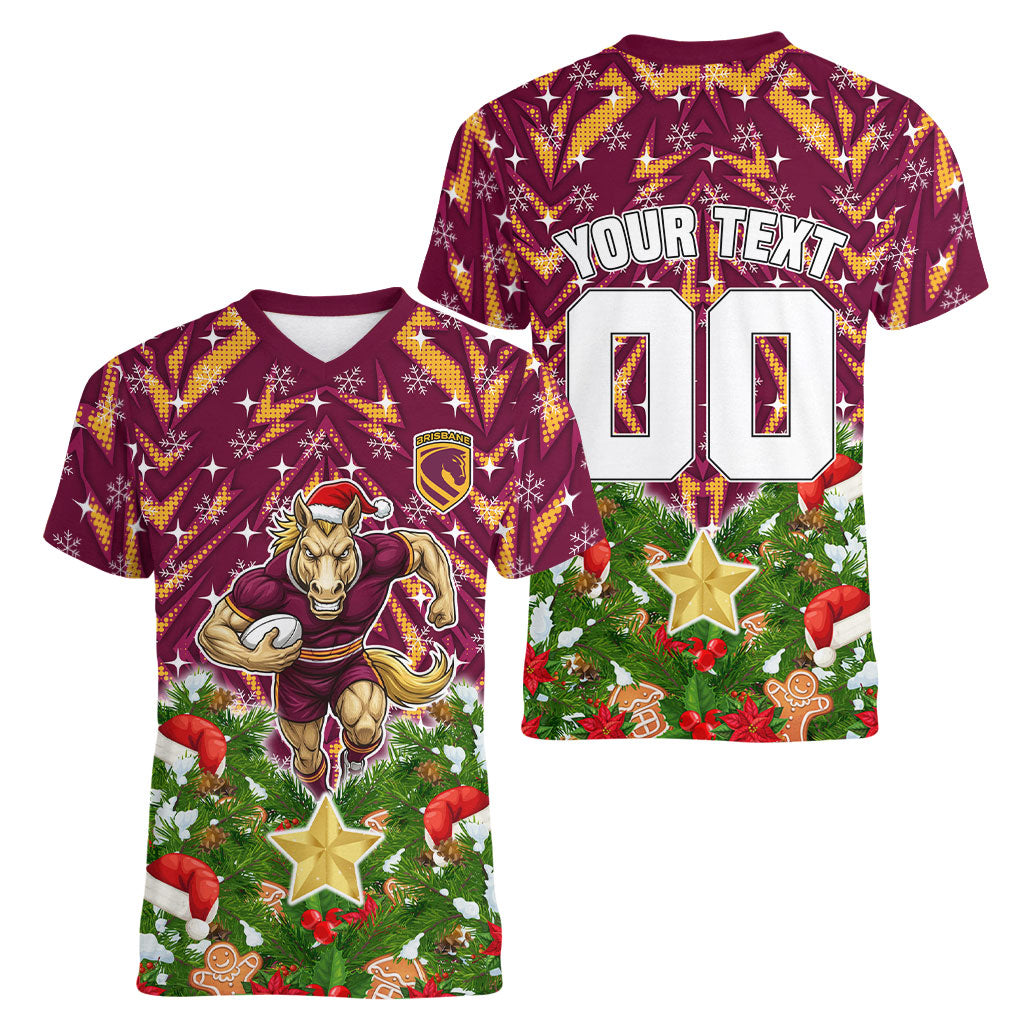 Personalised Broncos Rugby Christmas Women V-Neck T-Shirt Santa Rugby Mascot - Pine Wreath Festive